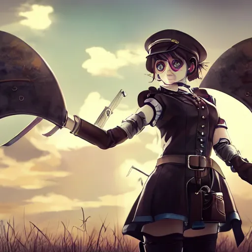 Prompt: girl with a steampunk uniform and weapons and metal wings, serious, extremely detailed, made by wlop, cinematic lighting, full body portrait, illustration, grass, sunny, clouds, sky, anime, side view,