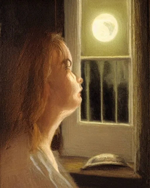 Prompt: Alba Baptista looking out the kitchen window at night, moonlight, light streaks, detailed face, by Kenne Gregoire