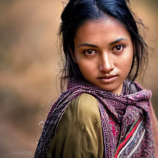 Image similar to a portrait of a stunningly beautiful nepali female, dark eyes, dark hair, olive skin, depth of field, zeiss lens, detailed, symmetrical, centered, fashion photoshoot, by Annie Leibovitz and Steve McCurry, David Lazar, Jimmy Nelsson, Breathtaking, 8k resolution, extremely detailed, beautiful, establishing shot, artistic, hyperrealistic, beautiful face, octane render