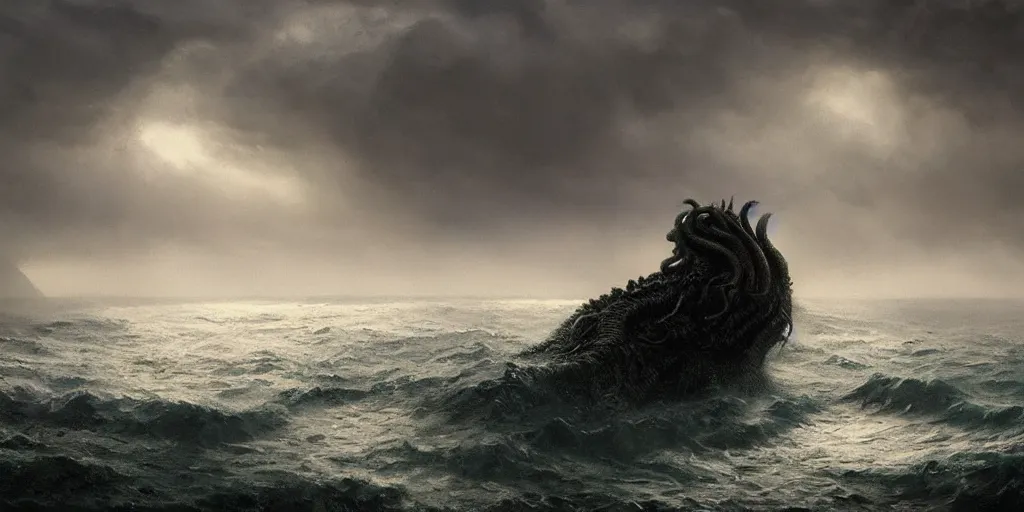 Prompt: cthulhu rising out of the ocean, hyper realistic oil painting, dark, moody cinematic lighting, creepy, fog, storm clouds, by greg rutkowski, trending on artstation