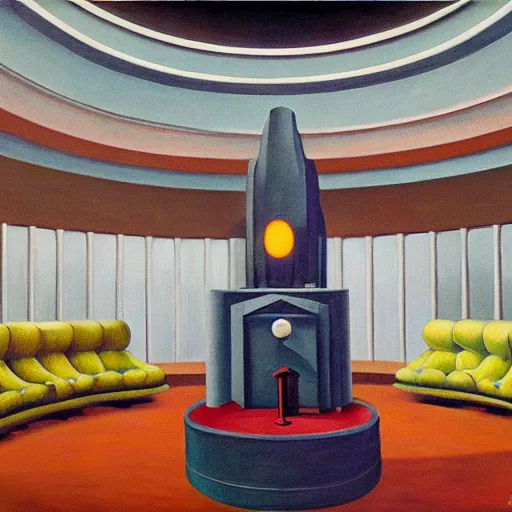 Image similar to exaggerated death ray, doomsday weapon, evil lair, mastermind, observatory interior, rotunda, shield, comedic, dystopian, grant wood, pj crook, edward hopper, oil on canvas