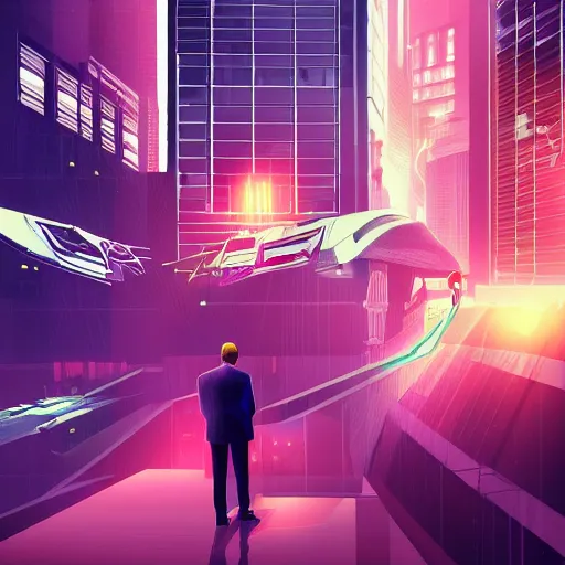 Image similar to two cyberpunk businessmen, detailed digital illustration, nighttime, colorful lighting, android netrunner