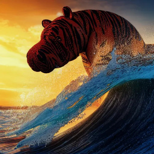 Image similar to a closeup photorealistic photograph of a knitted tiger hippopotamus riding a large wave during sunset. surf in the background. professional capture. brightly lit scene. this 4 k hd image is trending on artstation, featured on behance, well - rendered, extra crisp, features intricate detail, epic composition and the style of unreal engine.