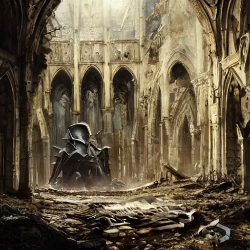 Image similar to Skeleton king wearing ragged clothes and a plate armour resting on a throne inside a ruined cathedral, oil painting, by Greg Rutkowski