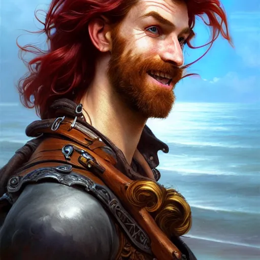 Image similar to portrait of a young ruggedly handsome but joyful pirate, male, masculine, upper body, red hair, long hair, d & d, fantasy, joyful smirk, intricate, elegant, highly detailed, digital painting, artstation, concept art, matte, sharp focus, illustration, art by artgerm and greg rutkowski and alphonse mucha