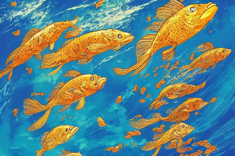 Image similar to portrait of goldfishes swarming the ocean. shadow and light. rays of light. energetic, dynamic, lively, detailed, intricate, complex. fine art by hayao miyazaki, akira toriyama, and makoto shinkai.