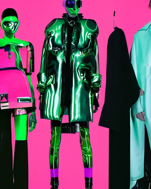 Image similar to an award winning fashion photograph leaked screenshot of Balenciaga's fashion week 2049 campaign by Demna Gvasalia, cyberpunk, futuristic, Bladerunner 2049, dazzle camouflage!, dayglo pink, dayglo blue, raven black