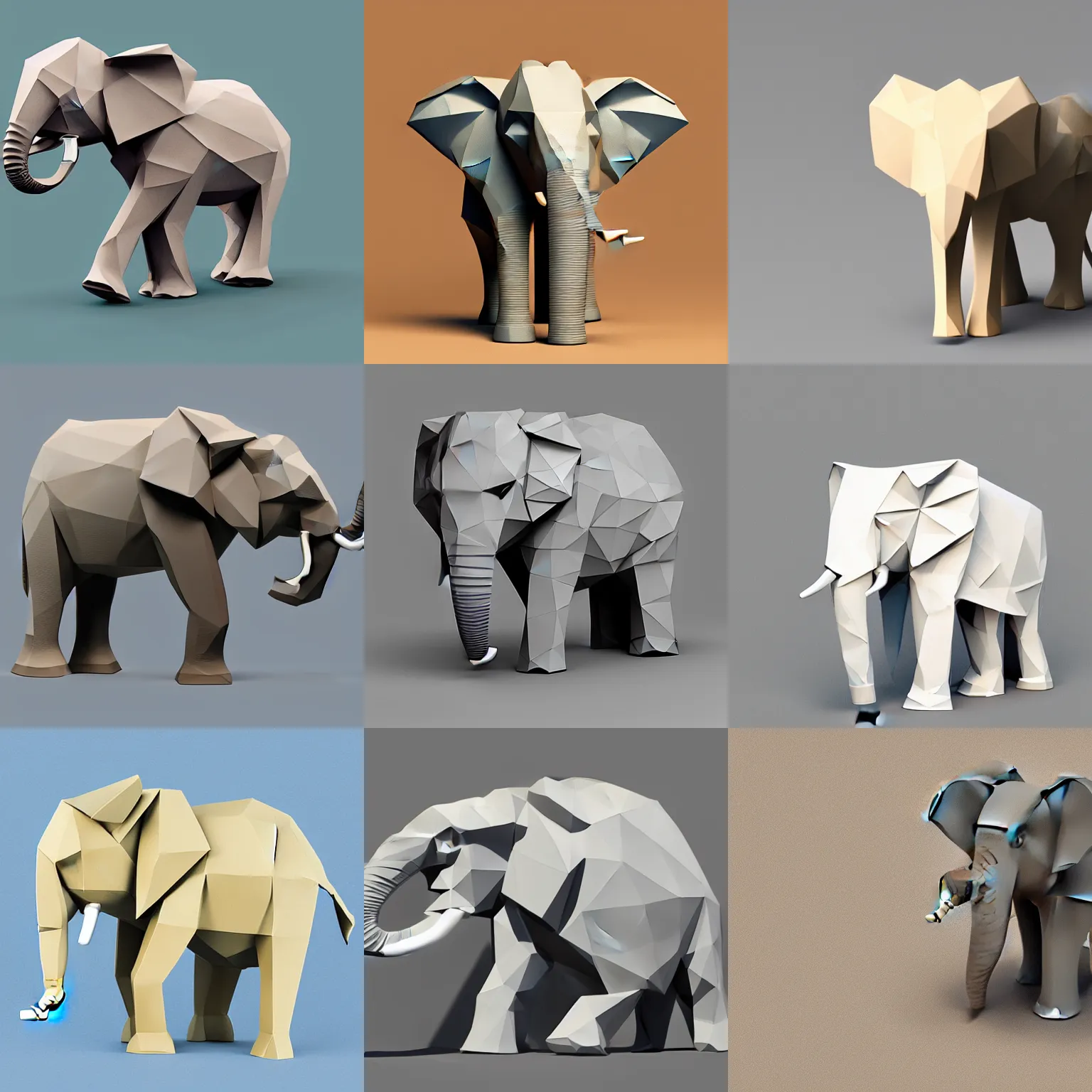 Prompt: a low poly elephant on a neutral background