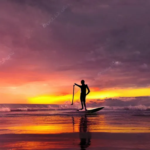 Prompt: a scout boy surfing in Copacabana beach, sunset, photorealistic, great background