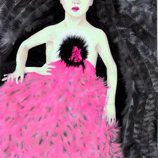 Prompt: little girl with an pink bizarre haircut wearing an dress made of black feathers, artwork made in art style ilya kushinov