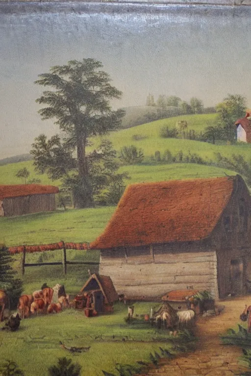 Prompt: antique painting of countryside village farm