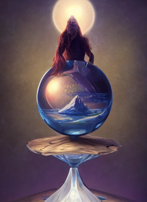 Image similar to crystal ball on a wood stand with a beautiful dreamscape inside, studio product photography, centered, super highly detailed, professional digital painting, artstation, concept art, smooth, sharp focus, extreme illustration, unreal engine 5, photorealism, beautiful, cinematic, art by artgerm and rutkowski and alphonse mucha and loish and wlop