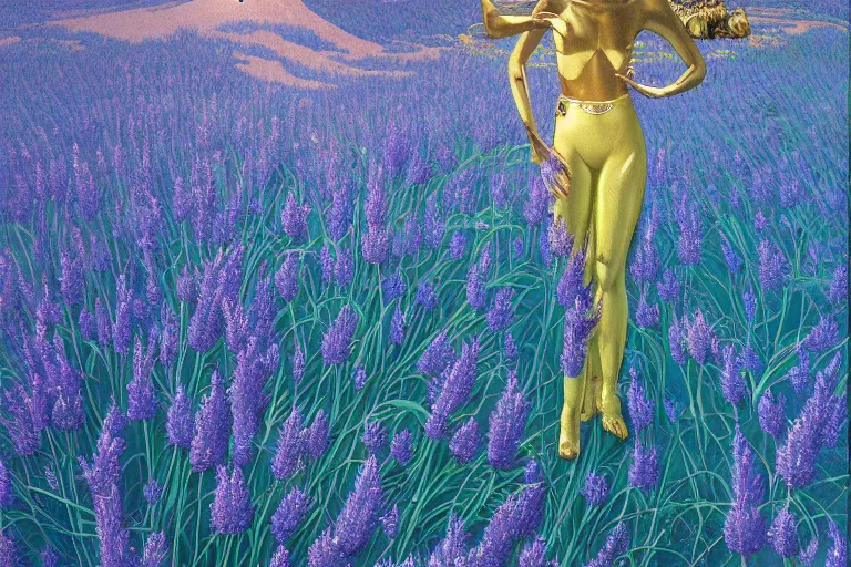 Image similar to evangelionic illustration, a lot of exotic deep blue vegetation, tall thin lavender trees, tremendous bounty, gold iridescent flowers, oldschool vintage sci - fi flat surreal design, super - detailed, digital oil painting by moebius, hd, 4 k, high quality