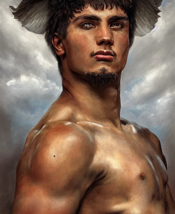 Image similar to portrait of a handsome young latin gladiator, art by denys tsiperko and bogdan rezunenko and franz xaver kosler, hyperrealism, fantasy art