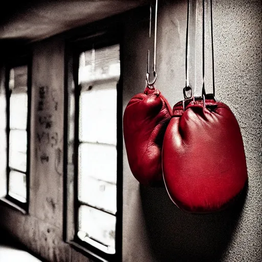 Prompt: “a pair of old red leather boxing gloves hanging on the wall in the corner of a dark gym, dimly lit”