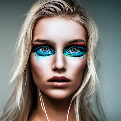 Image similar to A gorgeous blonde, grungy, neon eyes, modelsociety, perfect face, intricate, Sony a7R IV, symmetric balance, polarizing filter, Photolab, Lightroom, 4K, Dolby Vision, Photography Award