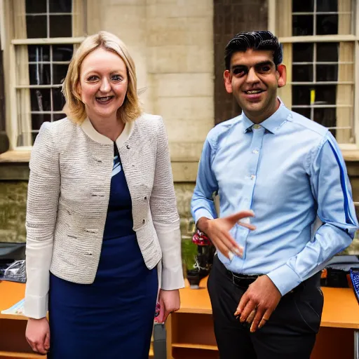 Image similar to high quality photo of liz truss and rishi sunak catapulting sloppy mud at each other in an office