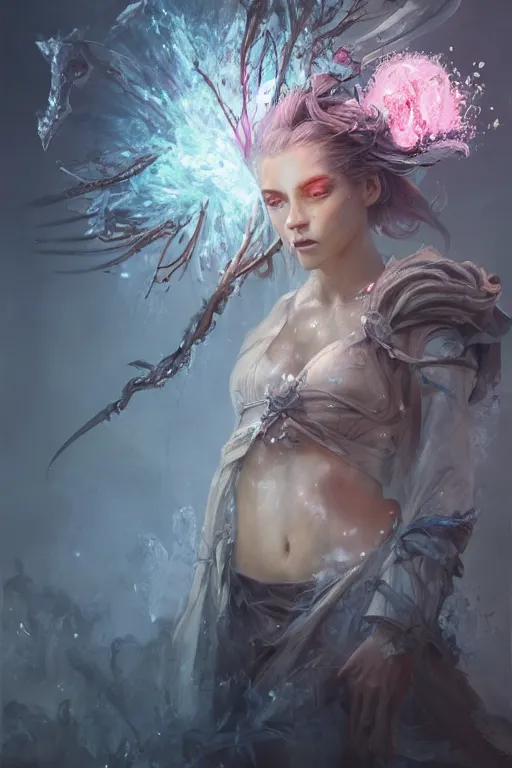 Prompt: beautiful girl necromancer, witch - doctor covered with ice exploding into flowers, angels, 3 d render, hyper realistic detailed portrait, holding fire and electricity, ruan jia, wlop. scifi, fantasy, magic the gathering, hyper detailed, octane render, concept art, peter mohrbacher