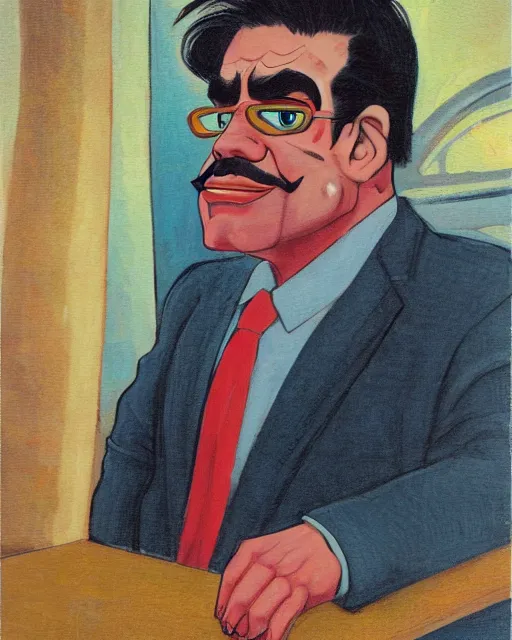 Prompt: portrait, center focus, smug male antagonist in suit, upscale hotel, artwork by ralph bakshi