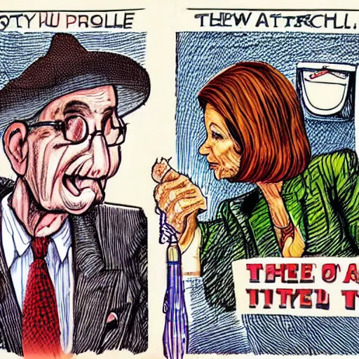 Image similar to The Artwork of R. Crumb and his Cheap Suit Mitch McConnell and Nancy Pelosi, pencil and colored marker artwork, trailer-trash lifestyle