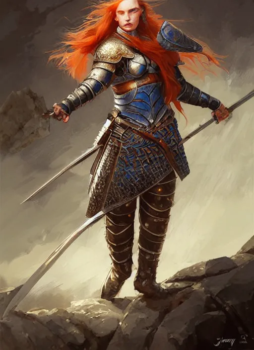 Image similar to highly detailed painting of a warrior woman commander, knight, icelandic, redhead, blue - eyes, high fantasy, dungeons and dragons art by jon foster trending on artstation painted by greg rutkowski, painted by stanley artgerm