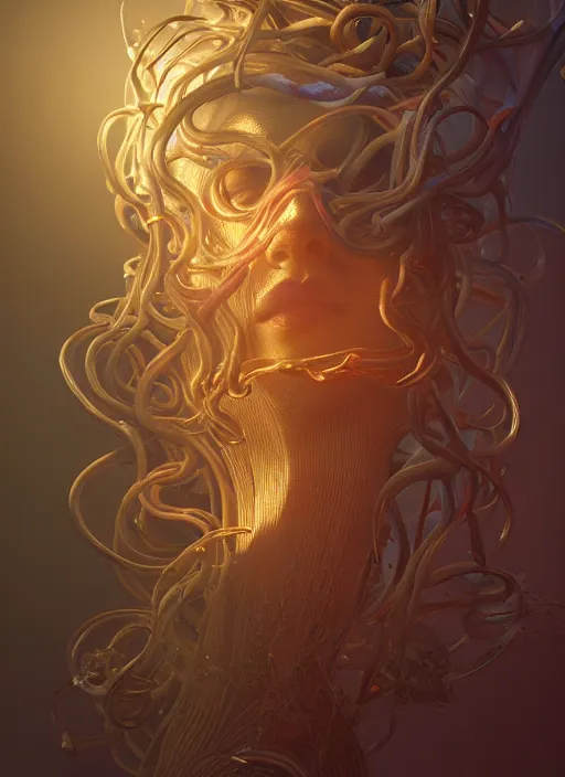 Image similar to subsurface scattering, medusa made of soft wax, cgsociety, translucent, wooden art nouveau swirls, colored smoke, gold cables, neurons, nuclear, in the style of ruan jia and beeple and giger, mystical colors, back light, rim light, dramatic lighting, 8 k, stunning scene, raytracing, octane render