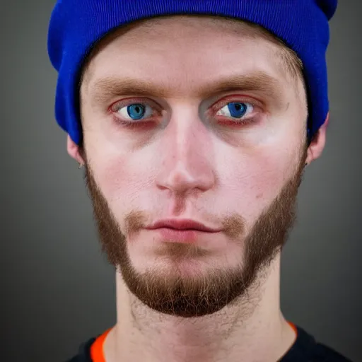 Image similar to close-up a 25 year old man wearing a black winter hat and a orange jail inmate tshirt, inside a underground facility, blue eyes, hideous, side lighting, Jan Kalous, D-55240