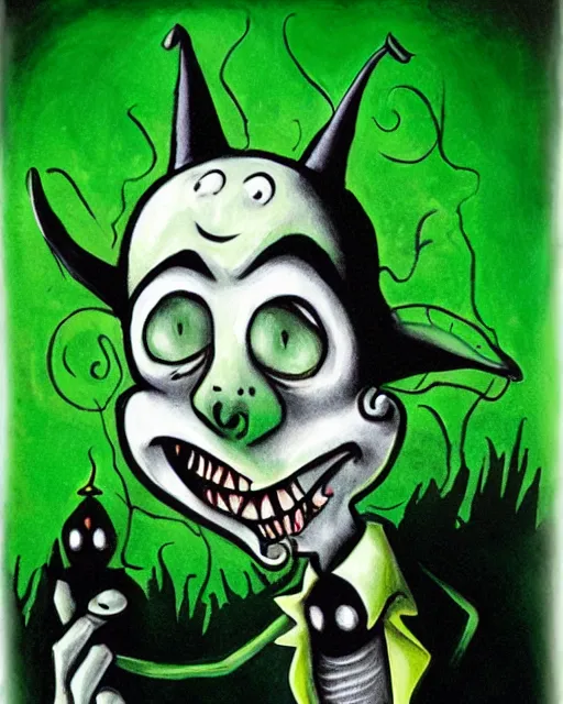 Prompt: a green devil with sad expression by tim burton