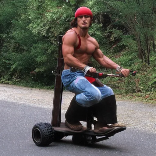 Prompt: rambo from first blood riding a kick scooter