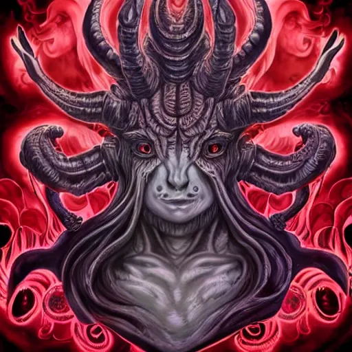 Image similar to 4K headshot of godlike Shub-Niggurath with defined arms and open hands and bloody clothes with giant mandala wings , intricate face , flawless anime cel animation by Kentaro Miura, psychedelic , highly detailed upper body , professionally post-processed , beautiful, scary, symmetry accurate features, epic, octane rendered, anime masterpiece, accurate