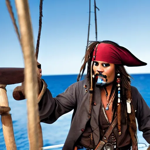 Image similar to captain jack sparrow drinking rum on a ship in the middle of the ocean, sun shining, wide angle, hd