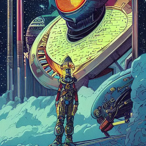 Image similar to moebius and mohrbacher portrait of a retro futuristic space ship captain, detailed illustration, stern look,