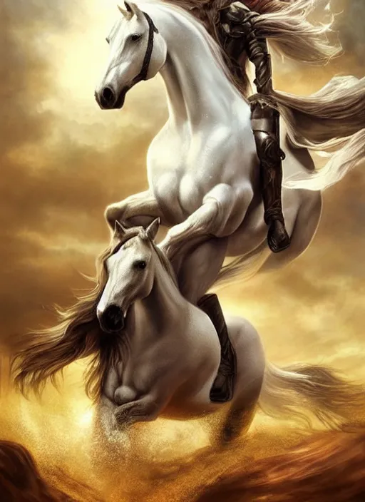 Image similar to the first horseman of the apocalypse riding a white stallion, horse is up on it's hind legs, the rider looks like jesus, ominous, beautiful, artwork by artgerm and rutkowski, breathtaking, dramatic