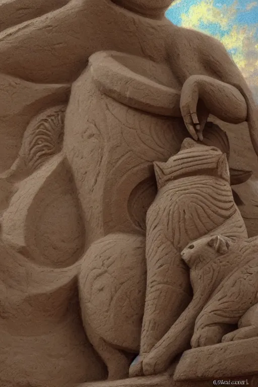 Prompt: a detailed sand sculpture of a godly cat, unreal engine 5, elegant, painted by gaston bussiere, hyper realism, artistic, dramatic lighting