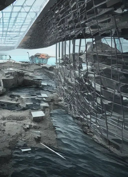 Image similar to virtual art exhibition, architecture installation in biennale venezia, bioremediation white mining tailing futuristic horizontal architecture, epic, cinematic, hyperealistic, high detailed, corona render, hdr, ray tracing