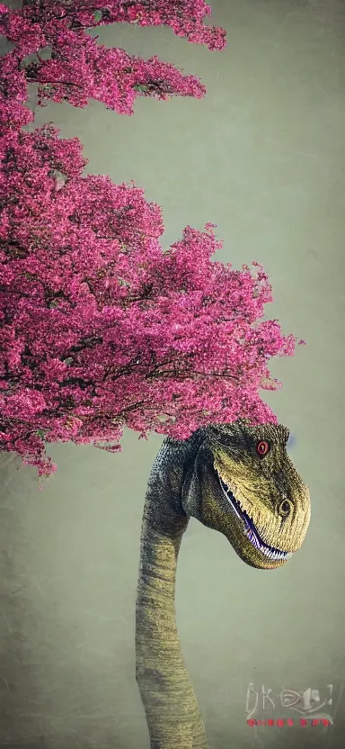 Image similar to “ a portrait photo of tyrannosaurus at a sakura tree, side shot, by shunji dodo, 8 k resolution, high quality ”