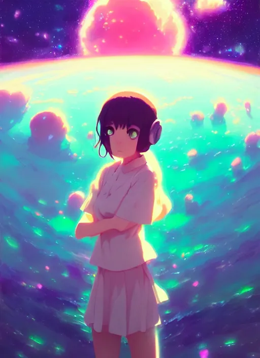 Prompt: portrait of a cute girl melting, very psychedelic space background illustration concept art anime key visual trending pixiv fanbox by wlop and greg rutkowski and makoto shinkai and studio ghibli and kyoto animation