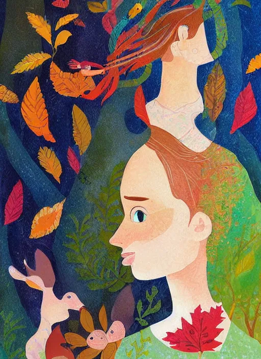 Image similar to a wonderful childrens illustration book portrait painting of a woman, art by tracie grimwood, trees, many leaves, birds, whimsical, aesthetically pleasing and harmonious natural colors