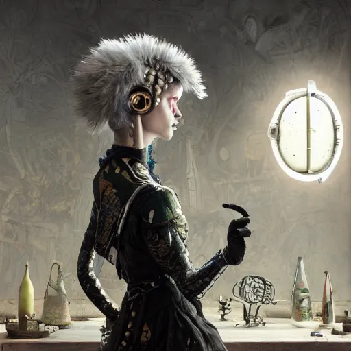 Image similar to italian solarpunk curator in an art gallery with extremely detailed headsets and gloves, inspired by die antwoord beautiful, hand painted textures, cloth physics, deviantart, karol bak, masamune shirow, black and white, photorealistic, concept art, perfect render, 3 d render, pixar, 8 k