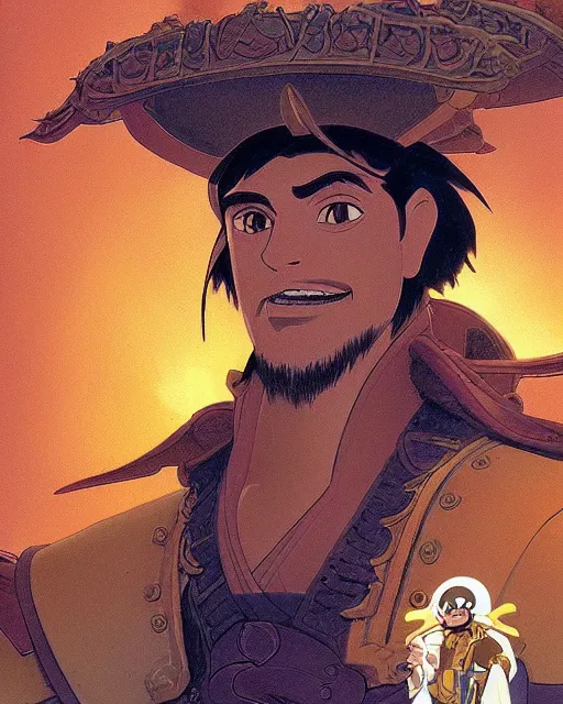 Image similar to portrait of a spanish conquistador, by daniel zrom and disney concept artists and masamune shirow and josan gonzales and studio ghibli, treasure planet movie still, treasure planet movie color scheme, symmetric, handsome