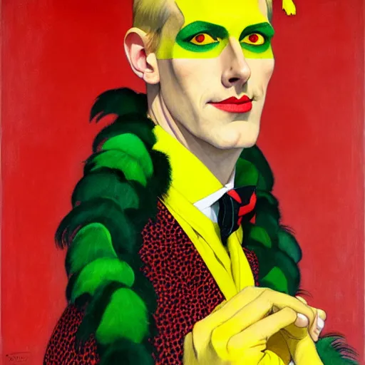 Image similar to art by joshua middleton, a medium shot portrait of the golden creeper, a tall manically smiling yellow - skinned man with green and black striped cycling shorts and wearing a long red and black striped ostrich feather boa, yellow makeup, mucha, kandinsky, poster, art deco motifs, comic art, stylised design, scarlet feather boa