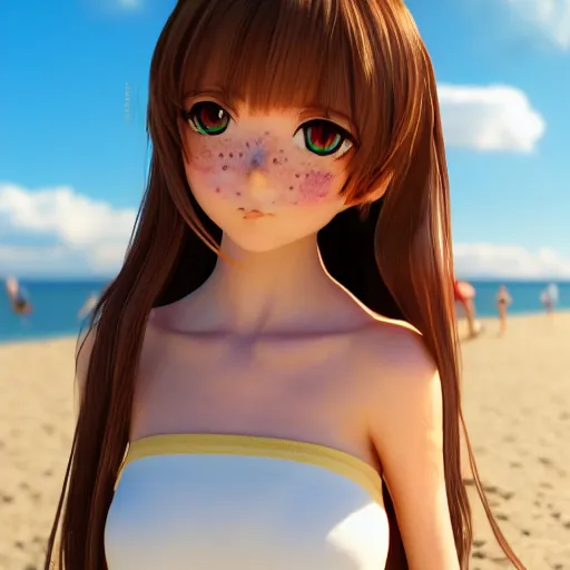 Image similar to Render of a very beautiful 3d anime girl, long hair, hazel eyes, cute freckles, full round face, short smile, cute sundress, golden hour, serene beach setting, medium shot, mid-shot, highly detailed, trending on Artstation, Unreal Engine 4k