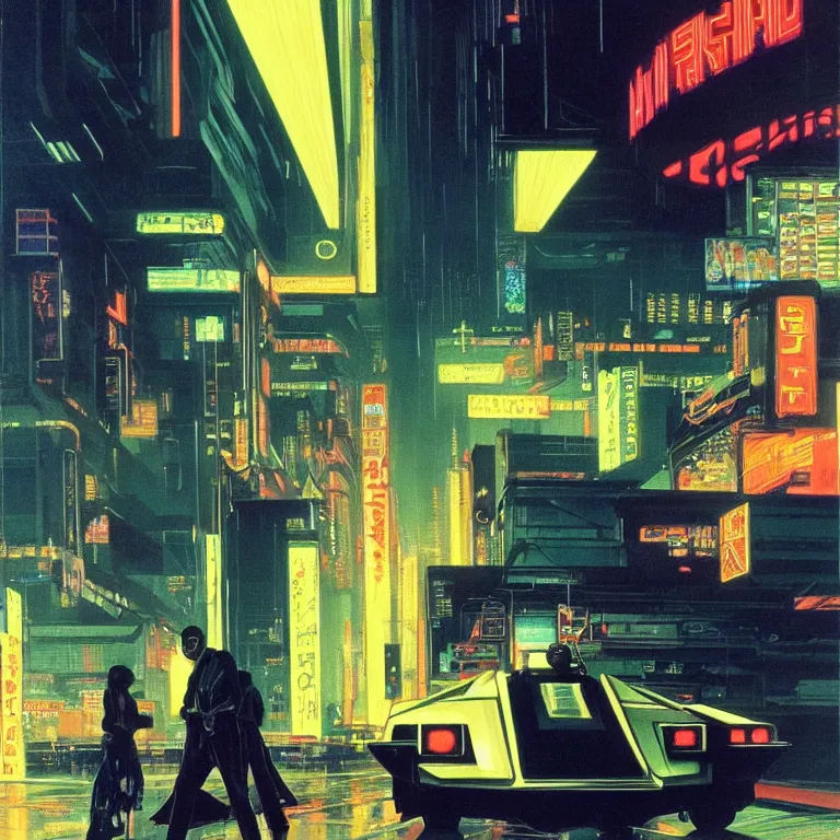 Prompt: scene of night life with people dressed in futuristic clothes, cyberpunk designs, vehicles, automations, and faint glows of vivid color, cinematic, highly detailed, intricate, super focus, realism, from blade runner concept art, acrylic on canvas, by syd mead and edward hopper and noriyoshi ohrai