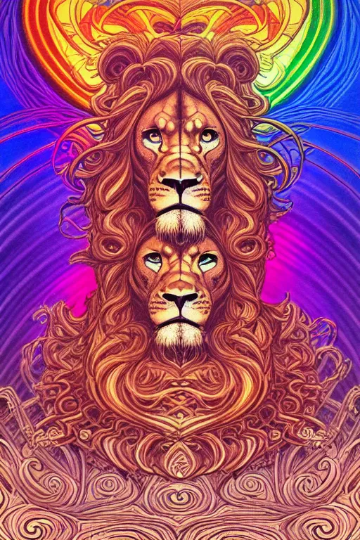 Image similar to illustration of a buff humanoid lion with prismatic healing waves emanating all around, rainbows, spirals, fractal, intricate linework, in the style of moebius, ayami kojima, 1 9 9 0's anime, retro fantasy