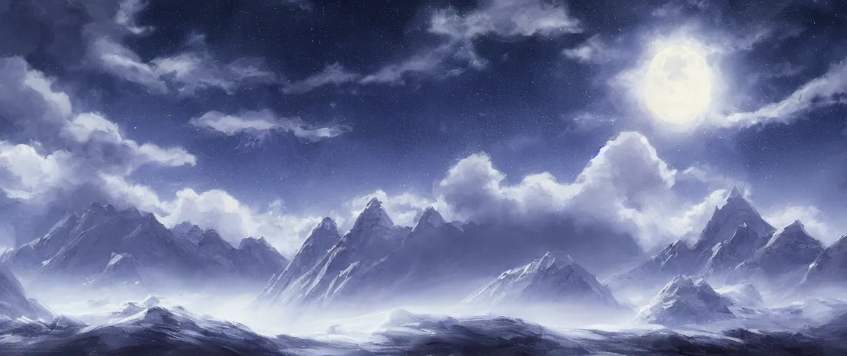 Prompt: snowy mountain range, stars in sky, whales flying in clouds, digital painting, concept art, high detail, style of Jordan Grimmer, fluffy calm clouds, matte painting, high res, moon shine, volumetric, starry sky