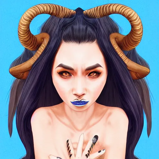 Image similar to illustrated realistic portrait of ram-horned devil woman with blue bob hairstyle and her tan colored skin and with solid black eyes wearing leather by rossdraws