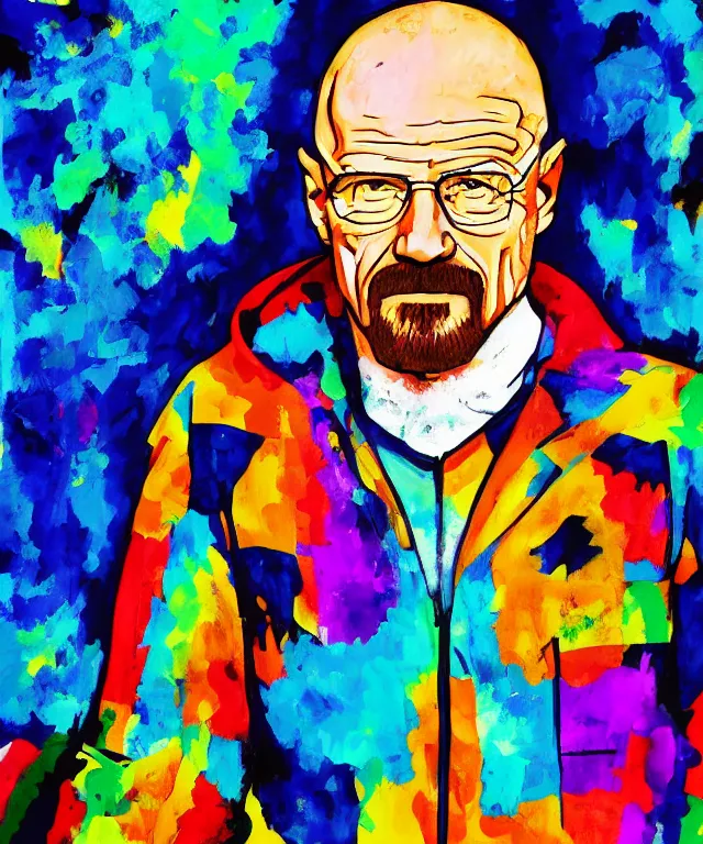 Prompt: a portrait of walter white in a colorful environment