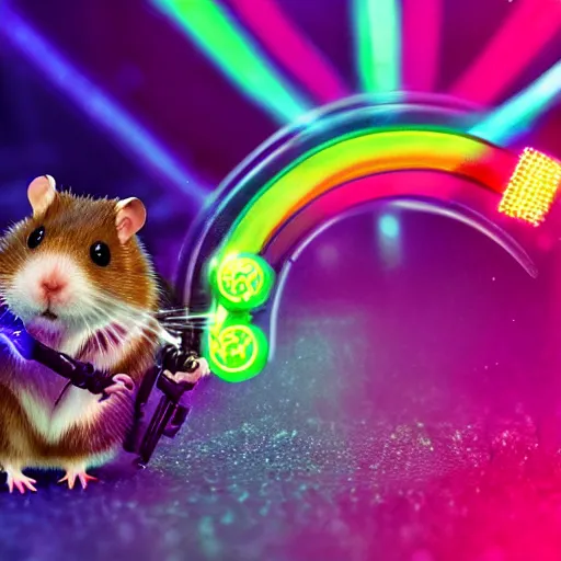 Image similar to cyberpunk hamster! holding rainbow! gem! crystal, neon lights, light reflection, 8 k, hd