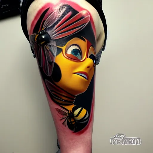Prompt: a tattoo of bee movie by pixar on the clear back of a woman with crimson - red hair, tattooist is anonymous