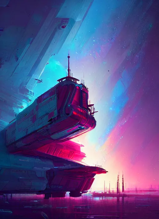 Image similar to starship freighter, greeble, colored nebula by luigi cozzi, by ismail inceoglu